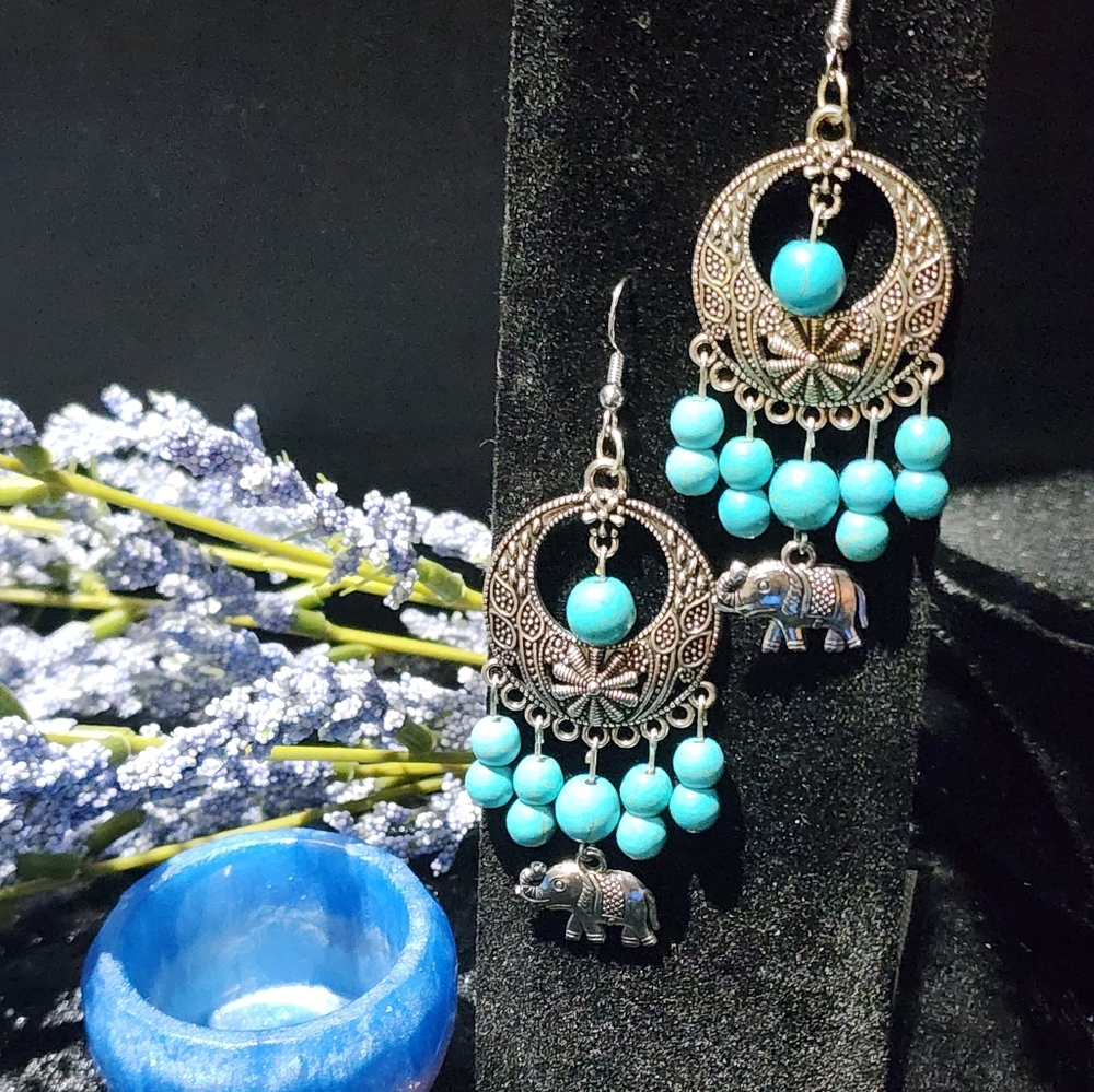 Hand Crafted Silver and Turquoise Elephant Earrings